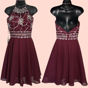 Burgundy Homecoming or Prom Dress | Size 2 | Beaded Halter | NWT | Cocktail
